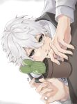  1boy artist_name black_eyes blue_lock cactus commentary_request fingernails geek_beat hair_between_eyes long_sleeves male_focus nagi_seishirou plant potted_plant short_hair solo teeth white_background white_hair yellow_eyes 