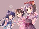  3girls :3 animal_ears black_hair blue_dress blue_hair blunt_bangs cat_ears closed_eyes dress fake_animal_ears frilled_hairband frills grey_background grey_dress grey_hair hair_ornament hairband hairclip idolmaster idolmaster_cinderella_girls kawaseki long_hair looking_at_viewer mole mole_under_eye multiple_girls narumiya_yume open_mouth paw_pose pink_dress puffy_short_sleeves puffy_sleeves red_eyes sajo_yukimi sasaki_chie short_hair short_sleeves smile upper_body wrist_cuffs 