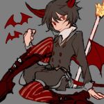  1girl androgynous bat_(animal) black_hair boots closed_mouth coat demon_girl demon_horns demon_wings full_body grey_background grey_coat horns long_sleeves oounabara_to_wadanohara radishcarbon red_eyes red_footwear red_thighhighs shirt short_hair sketch solo striped striped_thighhighs thigh-highs ver_million_(wadanohara) white_shirt wings 