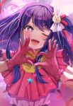  1girl absurdres blush commentary dress gloves hair_ornament hair_ribbon hands_up heart heart_hands highres hoshino_ai_(oshi_no_ko) idol long_hair looking_at_viewer multicolored_hair musson one_eye_closed open_mouth oshi_no_ko pink_dress pink_eyes pink_gloves pink_hair pink_ribbon purple_hair rabbit_hair_ornament ribbon sleeveless sleeveless_dress smile solo star-shaped_pupils star_(symbol) star_hair_ornament streaked_hair sweat swept_bangs symbol-shaped_pupils teeth upper_body upper_teeth_only 
