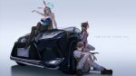  3girls animal_ears arm_support asuna_(blue_archive) asuna_(bunny)_(blue_archive) bike_shorts blonde_hair blue_archive blue_bow blue_eyes blue_leotard bow breasts brown_eyes brown_hair car cardigan character_request check_character crossed_legs detached_collar epaulettes foreshortening gloves halo high_heels highres knees_together_feet_apart large_breasts leaning_against_vehicle leotard loose_socks misaka_mikoto motor_vehicle multiple_girls namahamu913 outstretched_arm pantyhose playboy_bunny ponytail rabbit_ears sakura_bakushin_o_(umamusume) school_uniform simple_background sitting smile socks thigh-highs white_background white_gloves white_thighhighs 