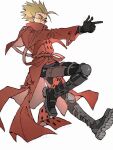  1boy black_gloves blue_eyes boots coat finger_gun full_body gloves highres iria_arts jewelry light_smile red_coat ring simple_background solo sunglasses trigun vash_the_stampede white_background 