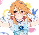  1girl blush brooch closed_eyes commentary fingers_to_cheeks frown gem gloves heart_brooch idolmaster idolmaster_cinderella_girls jewelry mochino orange_hair pink_eyes solo sweatdrop symbol-only_commentary upper_body v-shaped_eyebrows white_gloves yuuki_haru 