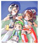  abs annoyed apex_legends arm_wrap belt black_eyes black_hair black_shirt blush_stickers brown_eyes brown_hair crop_top crypto_(apex_legends) dark-skinned_female dark_skin drink earrings eyebrow_cut facial_mark fingerless_gloves forehead_mark frustrated gloves goggles goggles_on_head green_eyes green_hair hair_ornament hair_scrunchie high_side_ponytail jewelry leaning_on_person mask mouth_mask muni_ni_mu navel necklace nose_piercing octane_(apex_legends) orange_pants pants piercing pointing rampart_(apex_legends) scrunchie shadow shirt simple_background sitting smile undercut vest watching_television white_pants 