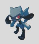  fang full_body looking_at_viewer no_humans open_mouth pokemon pokemon_(creature) red_eyes riolu simple_background solo tako2_eaka twitter_username watermark white_background 