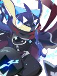  1boy animal_hands arm_up black_pants black_shirt blue_cape blue_eyes blue_skin blurry blurry_foreground cape closed_mouth clothed_pokemon colored_skin commentary_request fins frog_boy furry furry_male greninja half-closed_eyes hand_up head_fins highres index_finger_raised katana kiki_(431642) looking_at_viewer male_focus multicolored_skin muneate ninja pants partial_commentary pokemon pokemon_(creature) puffy_pants red_scarf scarf sheath sheathed shirt shuriken simple_background sleeveless sleeveless_shirt solo standing sword tail throwing two-sided_cape two-sided_fabric two-tone_skin water weapon weapon_on_back webbed_hands white_background yellow_skin 