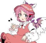  1girl animal_ears bird_ears bird_wings blush brown_dress brown_headwear dress earrings eighth_note frilled_dress frilled_sleeves frills grey_eyes hat ini_(inunabe00) jewelry long_sleeves musical_note mystia_lorelei open_mouth pink_hair short_hair simple_background single_earring sleeve_garter solo touhou upper_body white_background white_wings winged_hat wings 