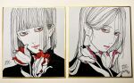  2boys blunt_bangs blunt_ends bob_cut closed_mouth flower hair_behind_ear highres kagoya1219 long_hair looking_at_viewer monochrome multiple_boys original pink_flower portrait red_flower shikishi short_hair signature spot_color straight_hair sweater traditional_media turtleneck turtleneck_sweater 
