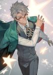  1boy arurandeisu ascot black_pants black_vest collared_shirt glasses green_jacket grey_ascot grey_background grey_eyes grey_hair hair_between_eyes hand_up highres holostars jacket jacket_on_shoulders lack long_sleeves looking_at_viewer male_focus official_alternate_costume pants parted_lips red-framed_eyewear shirt short_hair sideburns smile solo spiky_hair starry_background v-shaped_eyebrows vest virtual_youtuber white_shirt 
