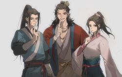  1girl 2boys all_wishes_come_true! arm_wrap black_hair black_sash blood blood_on_clothes blood_on_face blue_hanfu blue_trim brown_eyes brown_hair chinese_clothes chinese_commentary closed_mouth coat commentary_request earrings facial_hair finger_to_mouth flower green_sash green_skirt grey_background grin hair_bun hair_flower hair_ornament hair_pulled_back half_updo hand_fan hand_up hanfu he_xiangu_(all_wishes_come_true!) high_ponytail highres holding holding_sword holding_weapon huo_suihoo jewelry layered_sleeves leaf leaf_belt leaf_hair_ornament long_hair long_sleeves looking_at_viewer lu_dongbin_(all_wishes_come_true!) multiple_boys necklace one_eye_closed open_clothes open_coat orange_sash parted_lips pectoral_cleavage pectorals pink_flower pink_hanfu ponytail red_sash ribbon robe sash shushing sidelocks simple_background single_hair_bun skirt smile standing sweatdrop sword upper_body weapon white_background white_hanfu wide_sleeves zhongli_quan_(all_wishes_come_true!) 