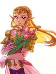  1girl artist_name blonde_hair blue_eyes circlet dated dress flower gloves highres holding holding_flower long_hair looking_at_viewer oim8n pink_dress pink_flower pink_gloves pointy_ears princess_zelda simple_background solo the_legend_of_zelda the_legend_of_zelda:_ocarina_of_time triforce_earrings upper_body watermark white_background 