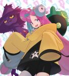  1girl :d absurdres bellibolt bike_shorts commentary_request eyelashes green_hair highres iono_(pokemon) jacket long_hair looking_at_viewer looking_down mismagius multicolored_hair open_mouth pink_hair pokemon pokemon_(creature) pokemon_(game) pokemon_sv single_leg_pantyhose sleeves_past_fingers sleeves_past_wrists smile star_(symbol) star_print teeth twintails two-tone_hair upper_teeth_only violet_eyes yarutetsu yellow_jacket 