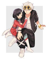  1boy 1girl :d aqua_pantyhose black_eyes black_hair black_jacket black_pants boots border bracelet commentary_request dress eyewear_on_head fua1heyvot4ifsr full_body green_scarf grey_background grey_eyes guzma_(pokemon) hair_ornament highres jacket jewelry long_sleeves looking_at_another multicolored_hair official_alternate_costume one_eye_closed open_mouth pants pantyhose pokemon pokemon_masters_ex pokemon_sun_and_moon red_dress scarf selene_(pokemon) selene_(special_costume)_(pokemon) shirt shoes short_hair short_sleeves simple_background sitting smile sunglasses two-tone_dress two-tone_hair white_boots white_border white_dress white_hair white_shirt white_shoes yellow-framed_eyewear 