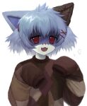  absurdres animal_ears auksechan blue_hair brown_sweater cat_ears highres monster_girl open_mouth open_smile original red_eyes smile stitched_face stitches sweater upper_body white_background 