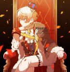  1boy ascot bad_id bad_twitter_id belt black_background black_cape cape closed_mouth crown expressionless fur-trimmed_cape fur_trim gloves highres jacket looking_to_the_side male_focus pants project_sekai sitting solo tenma_tsukasa throne tsurushiage999 white_ascot white_gloves white_jacket white_pants wonder_magical_showtime!_(project_sekai) yellow_gemstone 