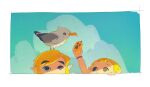  1boy 1girl animal_on_head aryll bird bird_on_head blonde_hair blue_sky border brother_and_sister clouds link lip_(lih8) on_head pointy_ears seagull siblings sky the_legend_of_zelda the_legend_of_zelda:_the_wind_waker toon_link white_border 