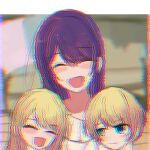  1boy 2girls absurdres blonde_hair blue_eyes blush closed_eyes closed_mouth commentary glitch highres hoshino_ai_(oshi_no_ko) hoshino_aquamarine hoshino_ruby long_hair mismatched_pupils mother_and_daughter mother_and_son multiple_girls open_mouth oshi_no_ko purple_hair short_hair siblings sidelocks star-shaped_pupils star_(symbol) sweater symbol-shaped_pupils twins user_gygp8842 white_sweater 