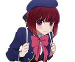  1girl arima_kana beret black_ribbon black_vest blue_headwear blue_jacket blush bob_cut bow bowtie closed_mouth collared_shirt commentary_request derivative_work hat highres inverted_bob jacket no_pupils open_clothes open_jacket oshi_no_ko pink_bow pink_bowtie red_eyes redhead ribbon school_uniform shirt short_hair simple_background solo sweatdrop vest wavy_mouth white_background white_shirt youtou_high_school_uniform yuuri-622 