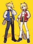 1boy 1girl baseball_bat bass_clef belt black_footwear black_hairband black_pants black_sailor_collar black_skirt blonde_hair blue_eyes blue_jacket hairband headphones high_ponytail highres holding holding_baseball_bat horns jacket juvenile kagamine_len kagamine_rin letterman_jacket loafers long_sleeves loose_socks nail nail_bat pants pleated_skirt red_jacket sailor_collar shirt shoes short_hair short_ponytail shoujo_a_ni_yoroshiku_(vocaloid) simple_background skirt socks teenage treble_clef vocaloid waka_(wk4444) white_shirt white_sleeves white_socks yellow_background yellow_belt yellow_shirt young