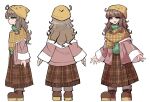  1boy a.i._voice blunt_bangs brown_hair brown_skirt coat full_body fun_bo green_eyes green_sweater kurita_maron long_hair long_sleeves looking_at_viewer niconico official_art open_mouth otoko_no_ko pink_coat reference_sheet simple_background skirt smile standing sweater thick_eyebrows white_background wide_sleeves yellow_headwear 