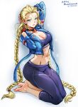  1girl antenna_hair artist_name barefoot blonde_hair blue_eyes blue_jacket blush braid breasts cammy_white choker dated jacket long_hair looking_at_viewer medium_breasts mina_cream pants scar signature sports_bra street_fighter street_fighter_6 twin_braids twintails very_long_hair yoga_pants 