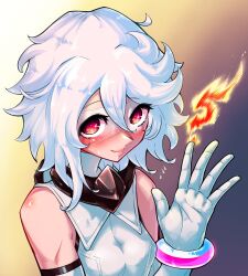  1girl aygoftenover bare_shoulders blush bracelet breasts commentary_request elbow_gloves eye_mask fire from_above gloves gradient_background hair_between_eyes hand_up highres jewelry looking_at_viewer looking_up mask nose_blush pyrokinesis red_eyes short_hair shy_(character) shy_(series) small_breasts smile sweatdrop upper_body white_gloves white_hair 