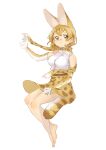  0nanaten 1girl absurdres animal_ears bare_legs bare_shoulders barefoot blonde_hair blush cat_ears cat_girl cat_tail elbow_gloves extra_ears gloves high-waist_skirt highres kemono_friends looking_at_viewer print_gloves print_skirt serval_(kemono_friends) serval_print shirt short_hair skirt sleeveless solo tail white_shirt yellow_eyes 