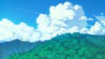  aircraft airplane blue_sky clouds cloudy_sky forest highres midorikawa0526 mountain mountainous_horizon nature no_humans original pine_tree power_lines scenery sky transmission_tower tree 