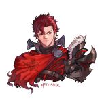  1boy armor cape closed_mouth commentary diamant_(fire_emblem) english_commentary fire_emblem fire_emblem_engage fur_trim furrowed_brow high_collar meziosaur portrait red_eyes redhead short_hair shoulder_armor turtleneck white_background 