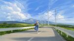  1girl absurdres blue_skirt blue_sky brown_hair bush clouds commentary_request cumulonimbus_cloud day field flower guard_rail hat hat_flower highres lake landscape long_hair michinoku_(hiking_miusan18) mountain original outdoors power_lines road scenery shirt short_sleeves skirt sky solo standing straw_hat summer sun_hat sunflower utility_pole vanishing_point white_shirt wind_turbine 