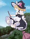  1girl :d absurdres apron black_vest blonde_hair broom broom_riding clouds commentary_request day hair_ribbon hat highres kame_(kamepan44231) kirisame_marisa long_hair looking_ahead orange_eyes outdoors puffy_short_sleeves puffy_sleeves ribbon short_sleeves sky smile solo touhou tress_ribbon unfinished_dream_of_all_living_ghost vest waist_apron witch_hat 