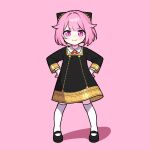  1girl anya_(spy_x_family) anya_(spy_x_family)_(cosplay) black_dress black_footwear bun_cover collared_shirt cone_hair_bun cosplay dress eden_academy_school_uniform hair_bun hair_flaps hands_on_own_hips looking_at_viewer ootori_emu pink_eyes pink_hair project_sekai school_uniform shirt shoes short_hair smile solo spy_x_family thigh-highs waka_(wk4444) white_shirt white_thighhighs 