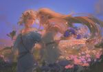  absurdres blonde_hair blue_eyes blue_sky blue_tunic dress evening field floating_hair flower flower_field gjygyao head_wreath highres holding_another&#039;s_arm korok link long_hair pointy_ears princess_zelda short_hair short_ponytail sky smile strapless strapless_dress the_legend_of_zelda the_legend_of_zelda:_breath_of_the_wild very_long_hair white_dress 