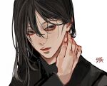  1boy bishounen black_eyes black_hair black_shirt closed_mouth commentary fingernails hair_between_eyes hand_on_own_neck hand_up highres kagoya1219 long_sleeves looking_at_viewer male_focus medium_hair original portrait shirt signature simple_background solo straight_hair white_background 