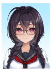  1girl absurdres ahoge black_hair black_sailor_collar blue_background border braid closed_mouth fou_(ssqseeker) glasses gradient_background highres long_hair neckerchief original red_neckerchief sailor_collar school_uniform serafuku shirt smile solo twin_braids upper_body violet_eyes white_background white_border white_shirt 