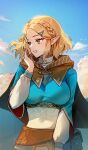  1girl absurdres artist_name blonde_hair blue_sky braid breasts capelet clouds crown_braid foxyreine green_eyes hair_ornament hairclip highres large_breasts long_sleeves parted_bangs parted_lips pointy_ears pouch princess_zelda short_hair signature sky smile solo the_legend_of_zelda the_legend_of_zelda:_tears_of_the_kingdom upper_body 