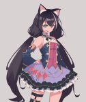 1girl animal_ear_fluff animal_ears bare_shoulders black_hair breasts cat_ears detached_sleeves dress frilled_dress frills green_eyes grey_background hair_between_eyes hand_on_own_hip karyl_(princess_connect!) long_hair looking_at_viewer low_twintails multicolored_hair princess_connect! shimazaki1152 simple_background sleeveless sleeveless_dress small_breasts solo streaked_hair twintails very_long_hair white_hair 