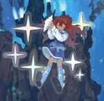  1girl blue_dress blue_footwear boots closed_eyes dress floating floating_hair holding holding_shell knee_boots long_hair long_sleeves no_nose original parted_lips redhead seashell seasideiiii shell solo star_(symbol) translation_request underwater volcano watermark white_sleeves 