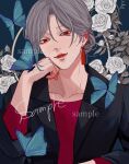  1boy androgynous bishounen black_jacket blue_background blue_butterfly bug butterfly closed_mouth collarbone commission earrings flower grey_hair hand_up head_tilt highres jacket jewelry kagoya1219 long_sleeves looking_at_viewer male_focus open_clothes open_jacket original red_eyes red_shirt rose sample_watermark shirt short_hair solo tassel tassel_earrings upper_body watermark white_flower white_rose 