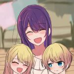  1boy 2girls absurdres blonde_hair blue_eyes blush closed_eyes closed_mouth commentary highres hoshino_ai_(oshi_no_ko) hoshino_aquamarine hoshino_ruby long_hair mismatched_pupils mother_and_daughter mother_and_son multiple_girls open_mouth oshi_no_ko purple_hair short_hair siblings sidelocks star-shaped_pupils star_(symbol) sweater symbol-shaped_pupils twins user_gygp8842 white_sweater 