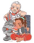  apex_legends arm_wrap armor bandaged_arm bandages barefoot beard blush_stickers brown_eyes brown_hair butterfly_sitting chewing_gum crop_top dark-skinned_female dark_skin earrings eyebrow_cut facial_hair facial_mark forehead_mark gloves hair_ornament hair_scrunchie head_on_hand highres jewelry knee_pads kuben_blisk leaning_on_object muni_ni_mu mustache nose_piercing old old_man orange_pants pants piercing rampart_(apex_legends) scrunchie side_ponytail single_glove white_background 
