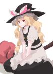  1girl apron between_legs black_headwear black_vest blonde_hair bow closed_mouth commentary_request hand_between_legs hat hat_bow highres kirisame_marisa long_hair looking_at_viewer red_eyes short_sleeves simple_background sitting solo tohoyuukarin touhou unfinished_dream_of_all_living_ghost vest white_apron white_background white_bow witch_hat 