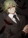  1boy black_feathers black_necktie black_sclera black_suit closed_mouth collared_shirt colored_sclera demon_boy demon_horns expressionless feathers formal green_eyes horns kuroko_mikura light_green_hair long_sleeves looking_at_viewer male_focus necktie shirt solo suit sullivan_(sutare_yume) sutare_yume white_shirt 