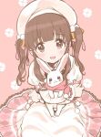  1girl amezawa_koma blush brown_eyes brown_hair clover_print dress hair_bobbles hair_ornament holding_rabbit idolmaster idolmaster_cinderella_girls long_sleeves ogata_chieri open_mouth pink_background pink_dress rabbit sidelocks sketch smile solo twintails two-tone_dress white_dress white_headwear white_rabbit_(animal) 