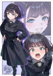  1girl alternate_hairstyle amaya_tsubame ankle_boots black_boots black_coat black_hair boots border buttons chibi coat commentary_request double-breasted gakuen_idolmaster green_eyes grey_shirt grin hands_on_own_hips highres idolmaster long_sleeves looking_at_viewer mole mole_under_eye multiple_views shinima shirt short_hair smile sweatdrop white_border 