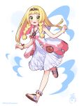  1girl :d blonde_hair blush bracelet braid brown_footwear clenched_hands colored_inner_hair commentary_request cosplay dress eyelashes full_body green_eyes hairband highres jewelry kinocopro knees lana_(pokemon) lana_(pokemon)_(cosplay) lillie_(pokemon) long_hair looking_at_viewer multicolored_hair necklace open_mouth pokemon pokemon_(game) pokemon_masters_ex pokemon_sm sandals sleeveless sleeveless_dress smile toes twin_braids twitter_username watermark white_background white_dress 