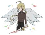  1boy ahoge angel_wings black_pants blonde_hair brown_sweater closed_mouth feathered_wings funamusea grey_shirt hair_over_one_eye holding holding_weapon long_hair long_sleeves looking_to_the_side male_focus mmzzzz multiple_wings pants red_eyes shirt solo sweater taffy_(funamusea) turtleneck weapon white_wings wings 