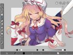  1girl blonde_hair bow breasts collar dress frilled_collar frilled_dress frills gap_(touhou) hair_between_eyes hair_bow hat hat_ribbon highres large_breasts long_hair looking_to_the_side mob_cap multiple_hair_bows puffy_short_sleeves puffy_sleeves purple_dress red_bow red_ribbon ribbon ribbon-trimmed_collar ribbon-trimmed_sleeves ribbon_trim rogichange short_sleeves smile solo touhou yakumo_yukari yellow_eyes 