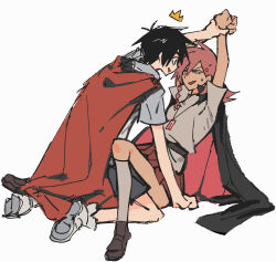  1boy 1girl :d aqian arms_up bai_zhong_(false_memory) black_eyes black_hair black_jacket braid brown_shoes cape commentary crown dark-skinned_female dark_skin false_memory halo highres holding_another's_wrist jacket jacket_on_shoulders jewelry kneehighs long_hair necklace pink_eyes pink_hair pleated_skirt protagonist_halo red_cape red_skirt shoes simple_background skirt smile socks sweatdrop white_background white_shoes white_socks 