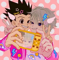  2boys black_eyes black_hair blue_eyes blush camera gon_freecss highres holding holding_camera hunter_x_hunter jacket kaze_no killua_zoldyck male_child male_focus multiple_boys pink_jacket polka_dot polka_dot_background selfie smile spiky_hair sticker v white_hair 